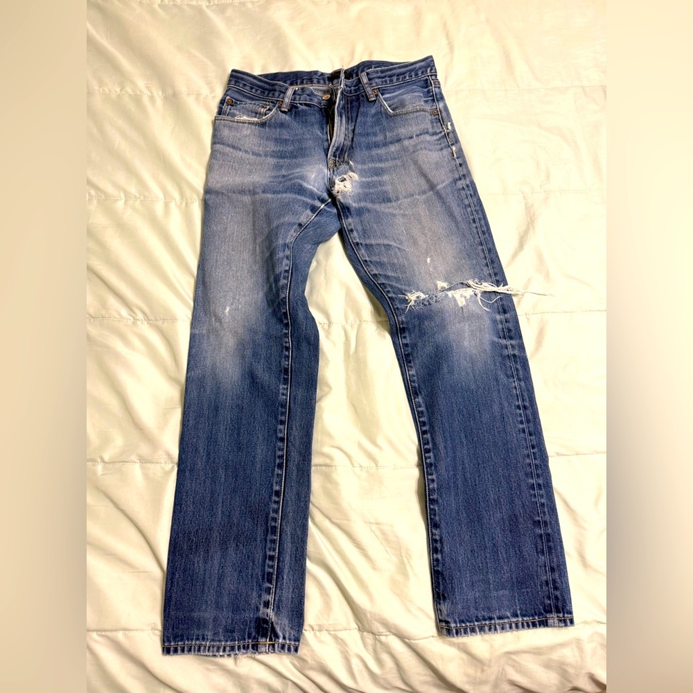 Uniqlo Jeans‎ Mens 32x32 Slim Straight Blue Denim Pants Medium Wash Distressed